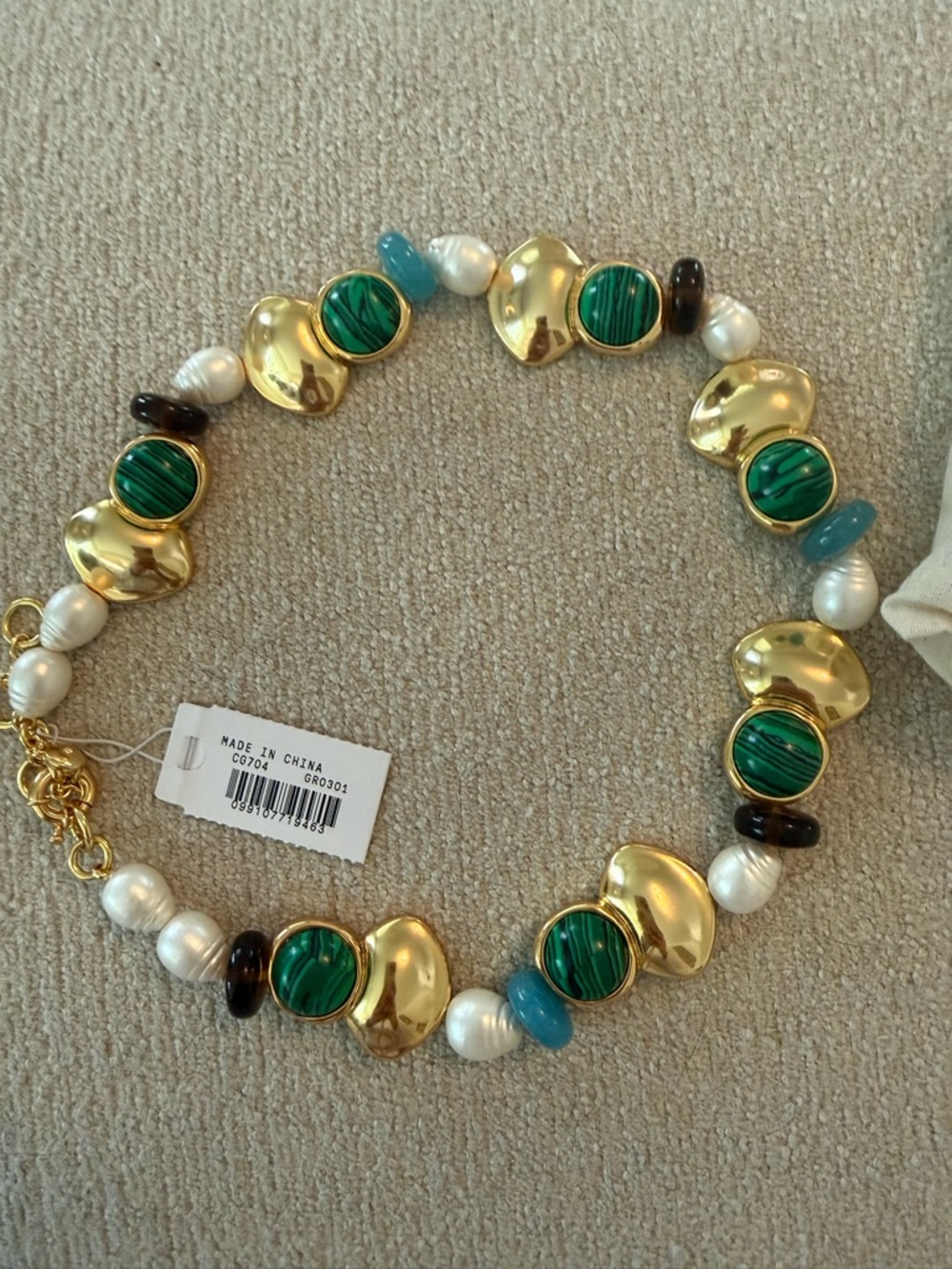 J. Crew Gold-Tone Choker Necklace New Tags Pearls Adjustable Green Aqua Brown